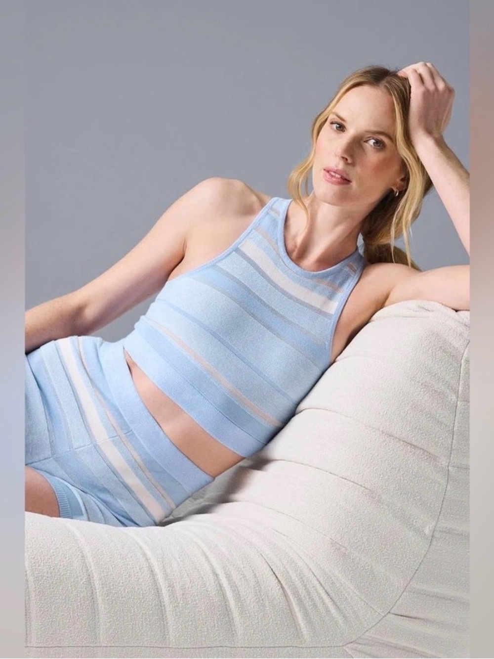 Alo Yoga Sport Play Knit Bra Seashell Blue Ivory Stretch Crop Top and Shorts Set